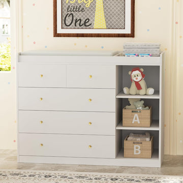 Baby Dresser Changing Table with 5 Drawers(47.2" W x 19.6" D x 36.2" H) | Waterproof Diaper Changing Station with 3