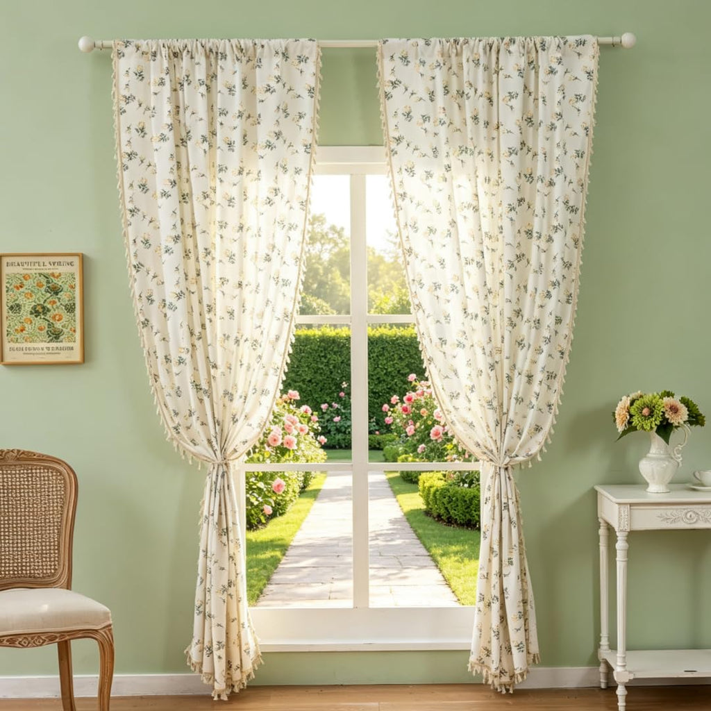 Floral Tassel Curtains, Boho Farmhouse Window Drapes 96 Inch