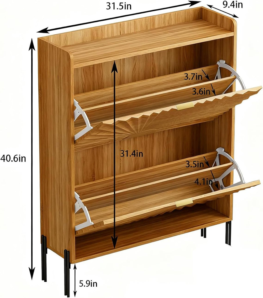 Two-Layer Shoe Cabinet with Two Flip Drawers,Wooden Thin Shoe Cabinet with Metal Handles and Metal Legs,Anti-Dump