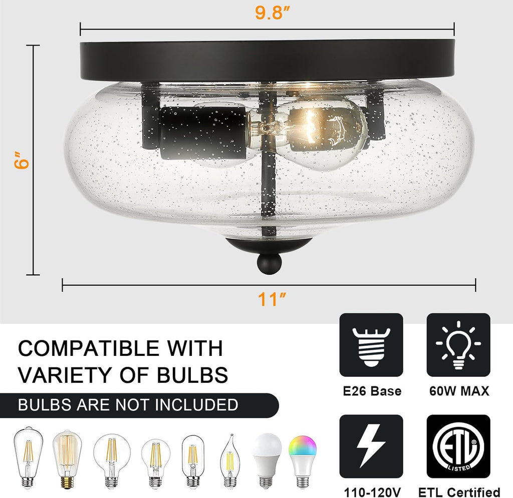 Black Ceiling Light Fixtures, Indoor Outdoor Flush Mount Ceiling Light with Seeded Glass Shade for Farmhouse Hallway
