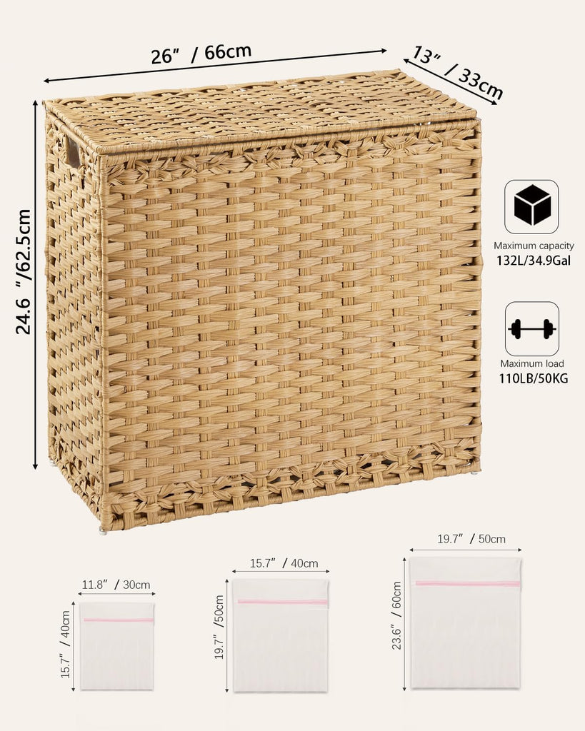 Laundry Hamper with Lid Laundry Basket 132 L PE Rattan Natural | Decorative PE Rattan Furniture Look , Large Sorting