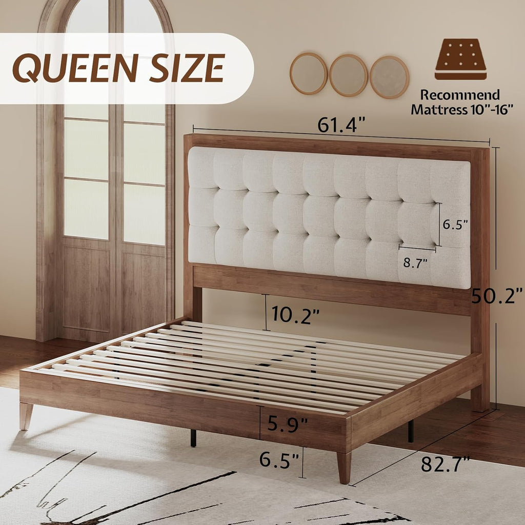 Solid Wood Queen Bed Frame 50.2" Tall Upholstered Headboard, Mid-Century Style, Stable Platform Support, No Box