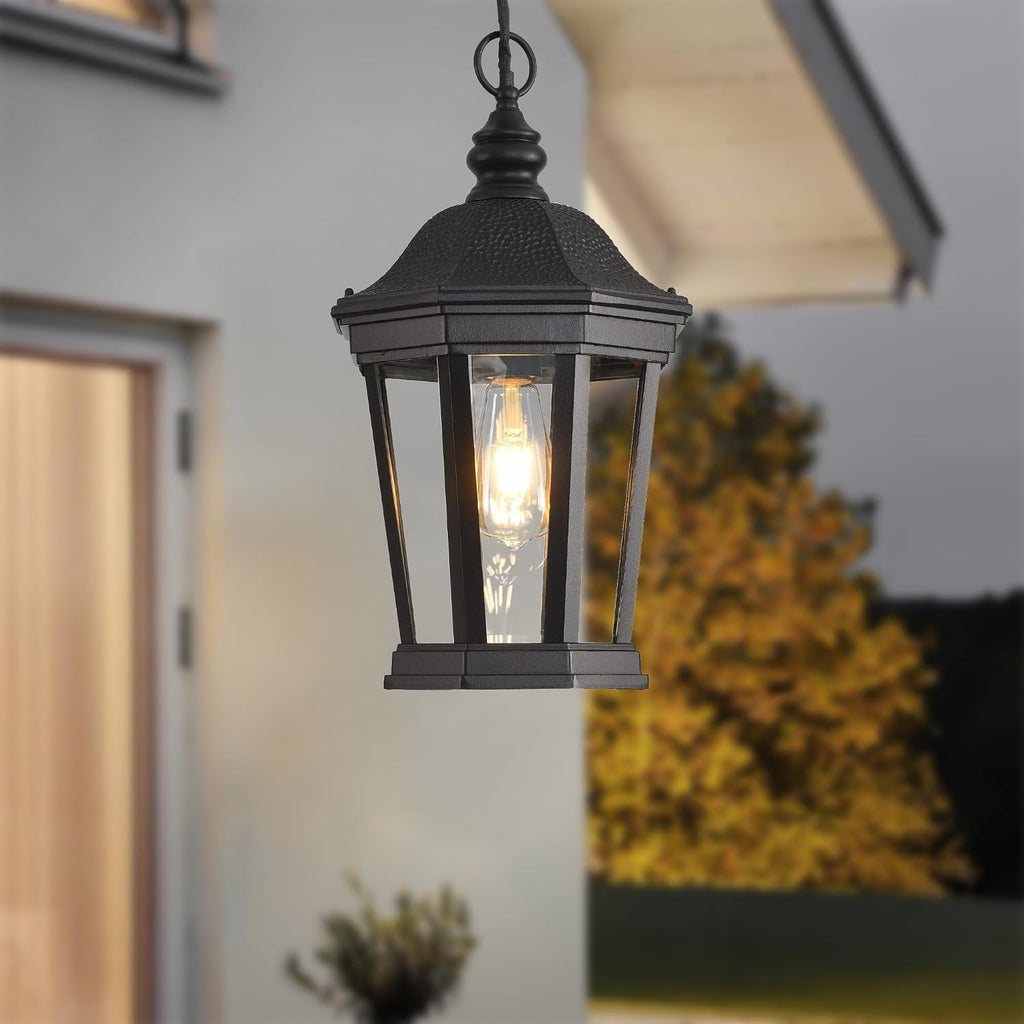 Large Outdoor Pendant Light Fixtures, 17.9" H Black Exterior Hanging Lantern Lights
