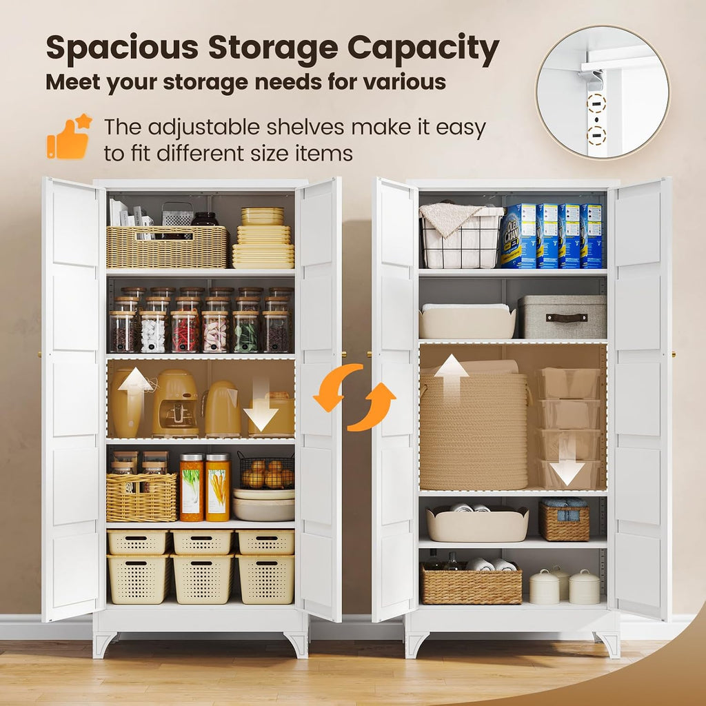 Metal Storage Cabinet with 2 Doors and 4 Adjustable Shelves,- 72" White Kitchen Pantry Storage Cabinet