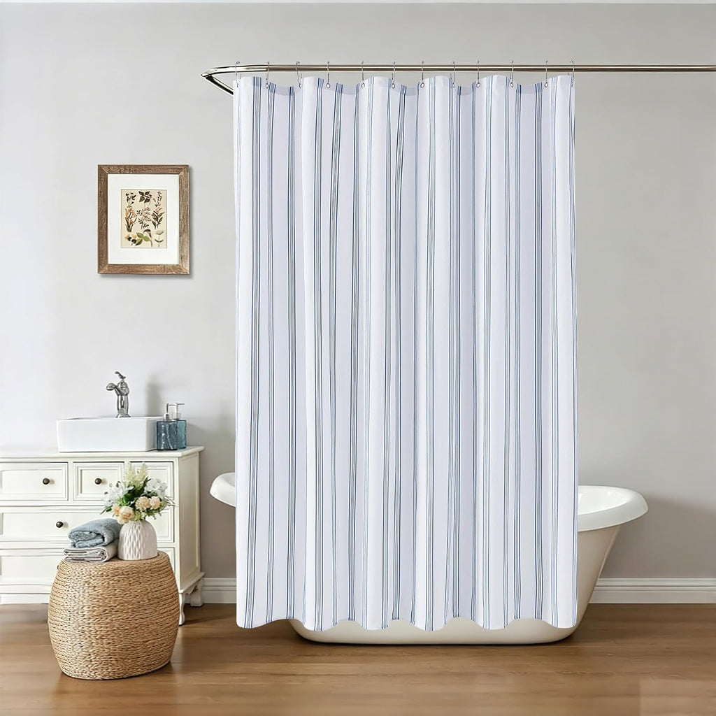 Blue and White Striped Shower Curtain with 12 Metal Hooks, Crinkled Lightweight Textured Fabric Modern Farmhouse