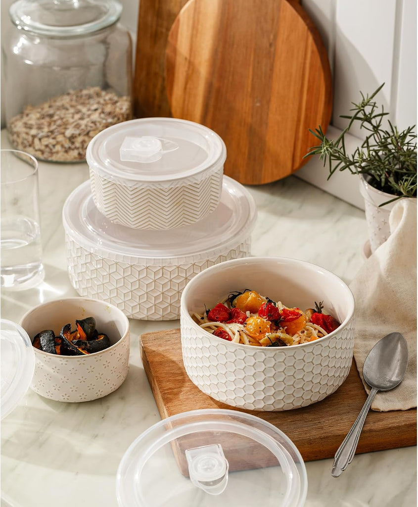 Serving Bowls with Lids, Ceramic Embossed Nesting Mixing Bowls, Set of 4, Serving Bowls Set for Food Storage