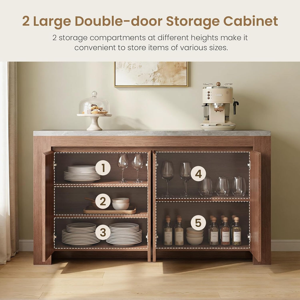 Buffet Cabinet with Storage, 63" Sideboard Buffet Accent Cabinet with Faux Marble Top & 4 Doors