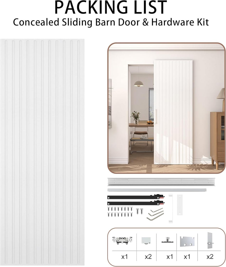40"x86" Concealed Sliding Barn Door with Soft Close Hardware Kit, White Hidden Door for Opening 32"-