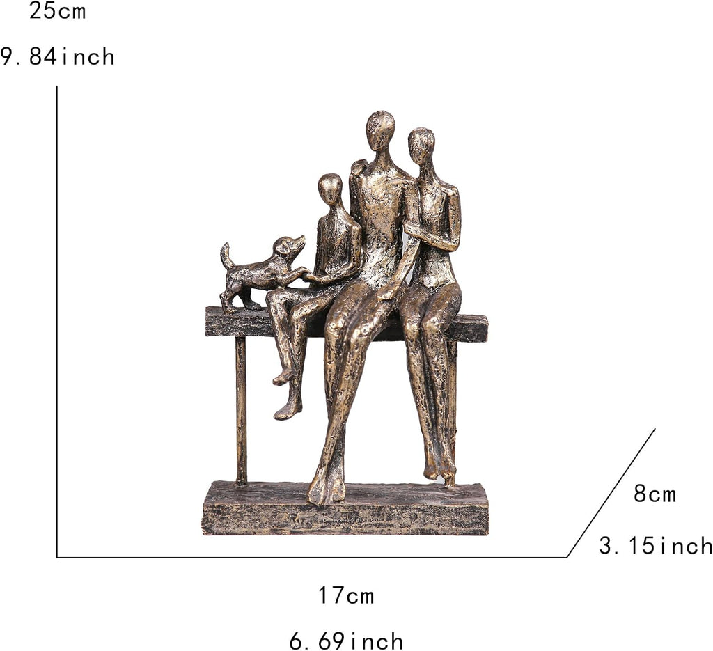 Resin Family Decorative Statue - 3-Person with Pet Dog on Bench, Warm Home Decoration or Desk, Tall 9.84in