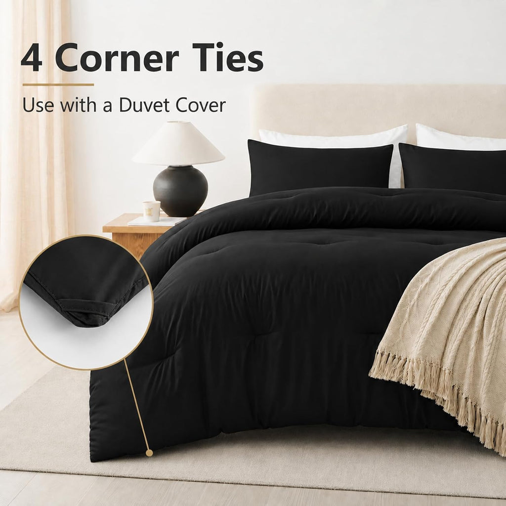 Queen Comforter Set, 3 Pieces Down Alternative Bedding, Black - Set of 3