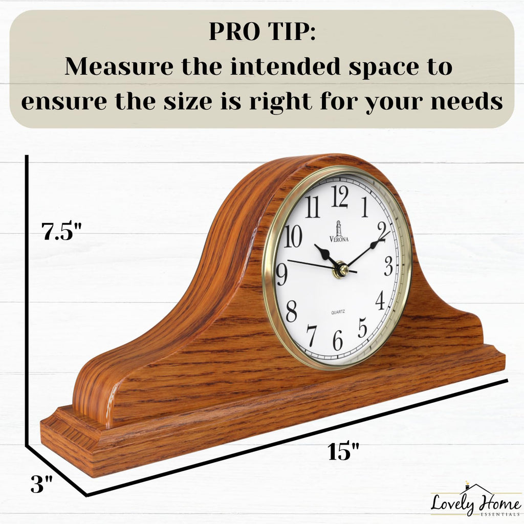 Mantel Clock for Fireplace, Solid Wood Silent Non-Chiming Mantle Clock