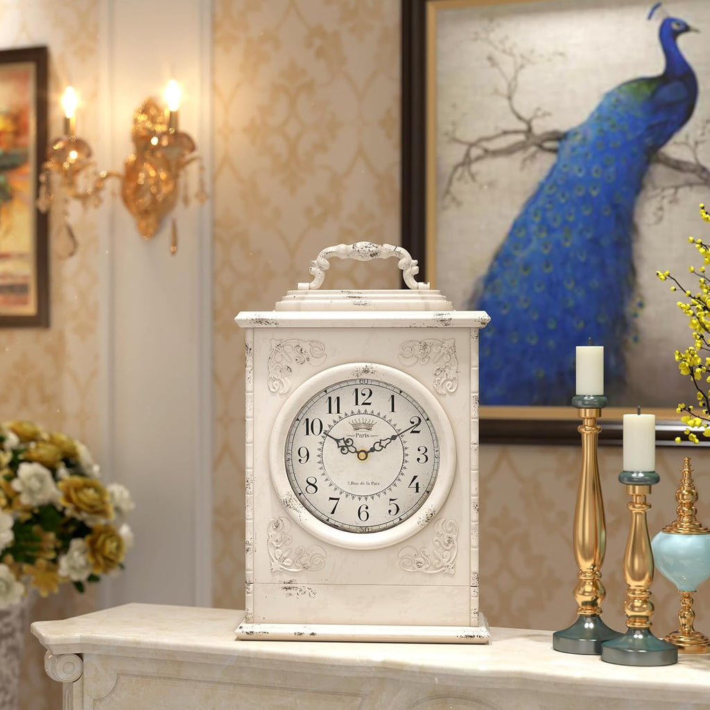 Vintage Mantel Clock with Hidden Safe, Antique White Style Fireplace Clocks