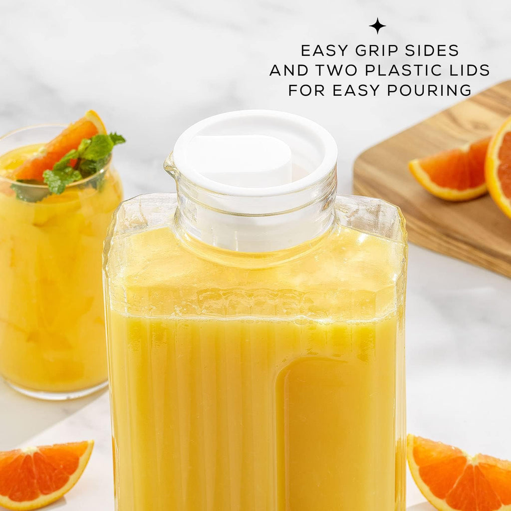 68oz Glass Pitcher with Lid (2 Lids), Rectangle Beverage Serveware and Storage Container for Cold Drinks and Liquids