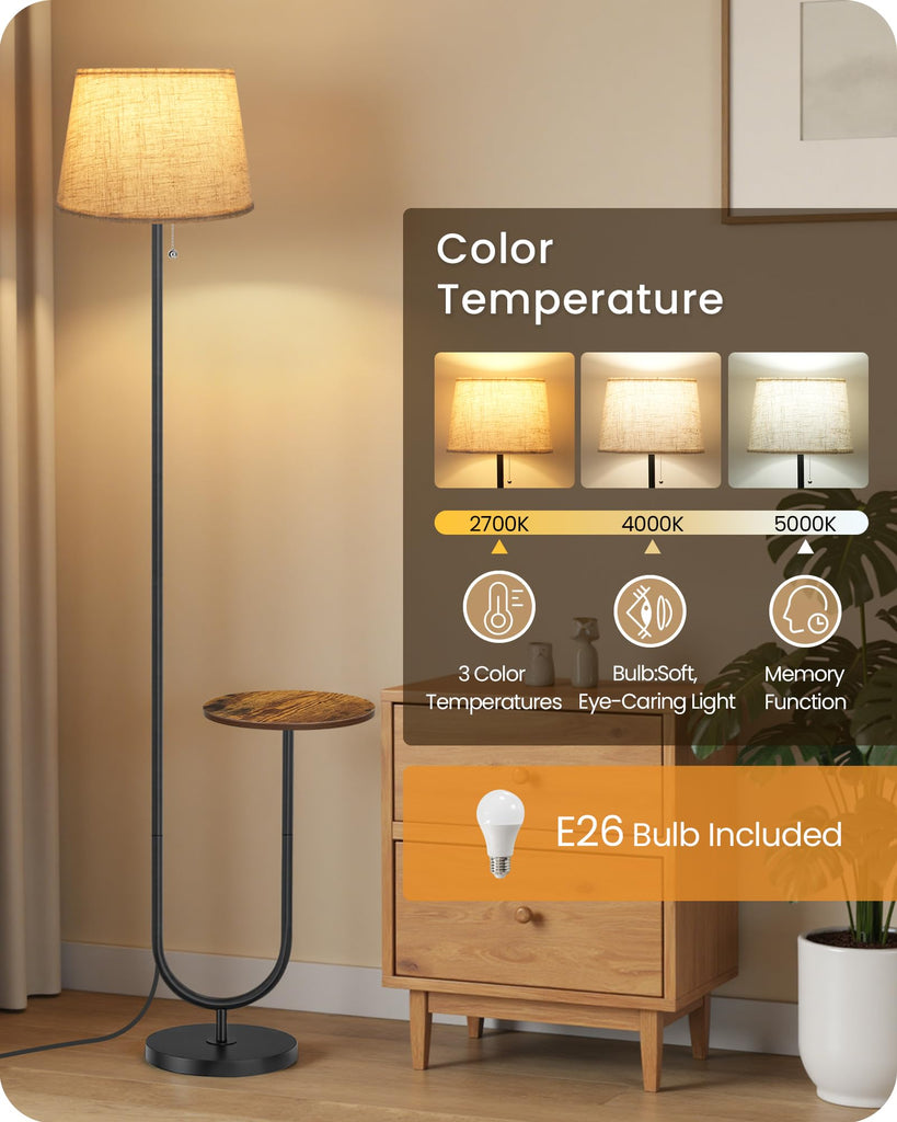 Floor Lamp with Side Table, Standing Lamp with Tray, Pull-Chain Switch, 3 Color Temperatures, 9W LED Bulb Included