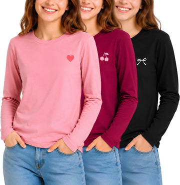 Girls Long Sleeve Shirts Pack, Soft Cotton Blend T Shirts