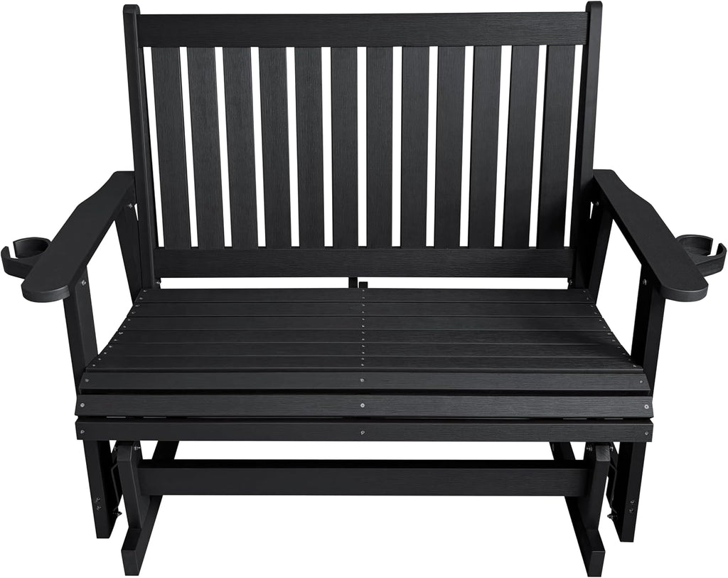 Patio Glider Two-Seat with Cup Holders, Durable HIPS Material, All-Weather Resistant, High Backrest and Deep