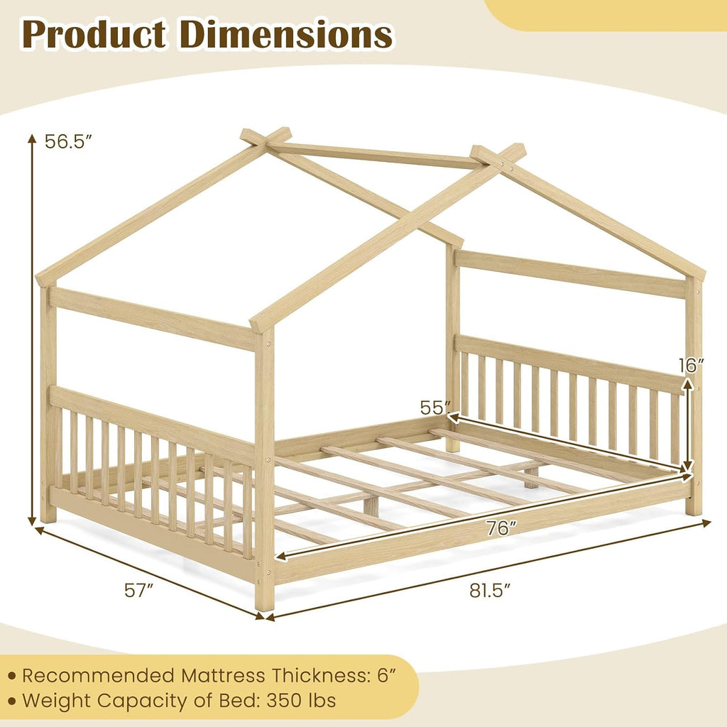 Full Size Floor Bed, Solid Wood Montessori House Bed with Roof, Headboard and Footboard, Low Full Bed Frame for Kids