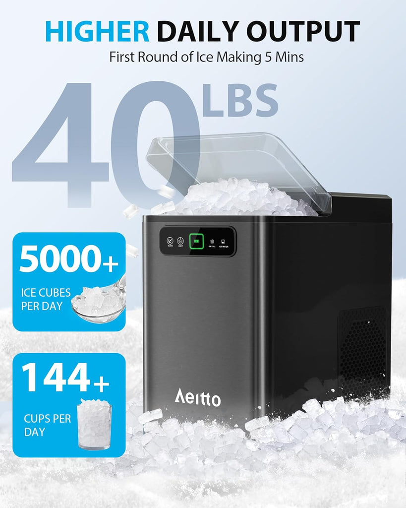 Nugget Ice Maker Countertop, Pellet Ice Machine Soft Chewable Ice 40lbs/Day, One-Click Operation, Auto Self-Cleaning