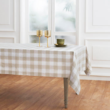 Linen Buffalo Plaid Tablecloth, 60x120 In, Natural and White