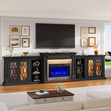 136" Fireplace TV Stand, 3-in-1 Modular: Mantel+ Bookcases+ Cabinets