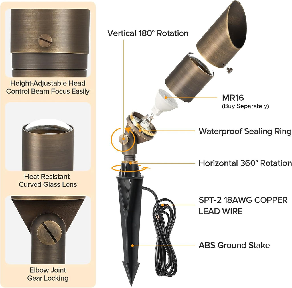 Solid Brass Low Voltage Landscape Lighting, 12V Heavy Duty Waterproof Landscape Spotlights, Adjustable Bronze