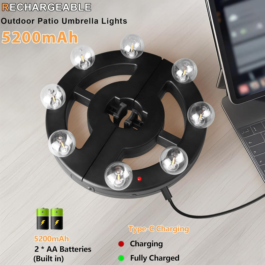 Umbrella Lights Outdoor Patio, Rechargeable Cordless with Dimmer &Timer