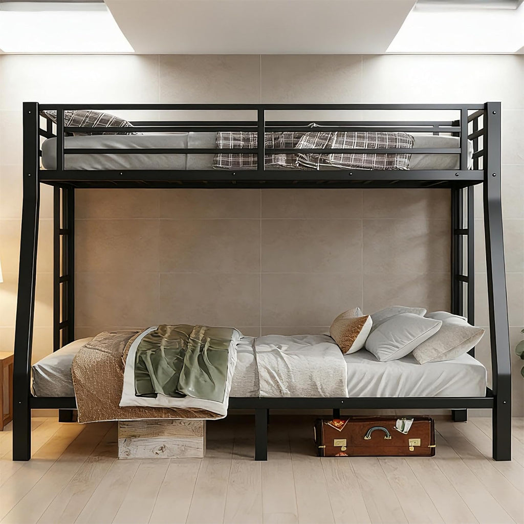 Metal Full XL Over Queen Bunk Bed with High Guardrail & Under-Bed Storage