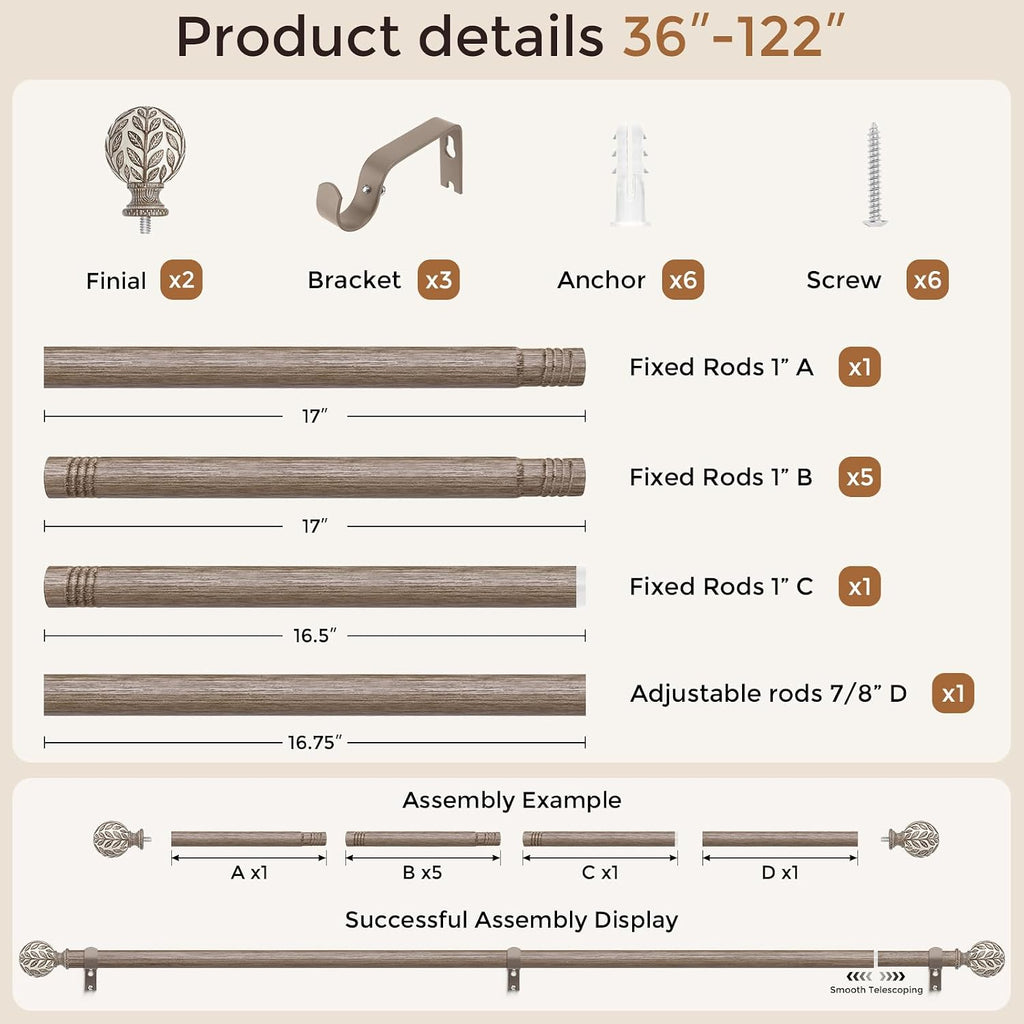 Curtain Rod 36-122 Inch, Boho Decorative 1 Inch Wood Rustic Curtain Rods for Windows, Adjustable Heavy Duty Long