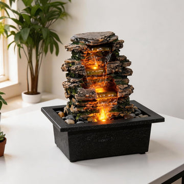 Tabletop Water Fountain, Home Décor Soothing Sound Machine with Automatic Pump, Deep Basin and Natural River Rocks.