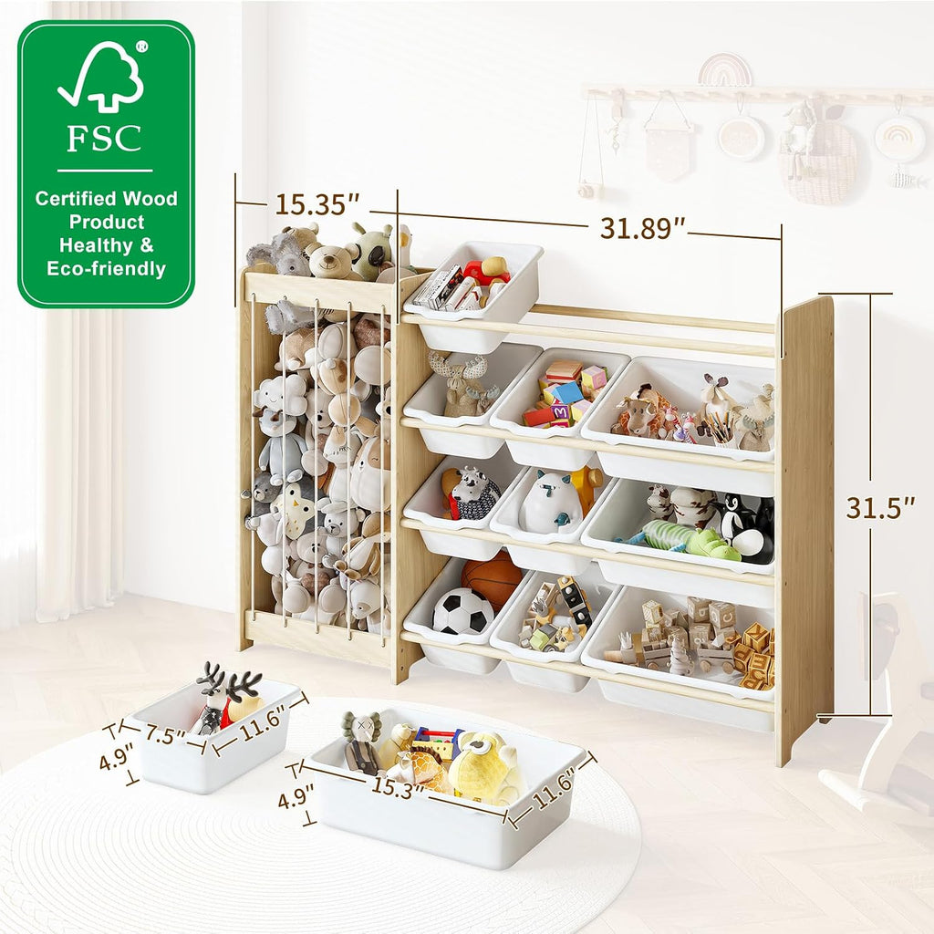 Kids Toy Storage Organizer, 2-in-1 Stuffed Animal Storage & Toy Organizer w/12 Bins, Solid Wood Toy Rack Featuring
