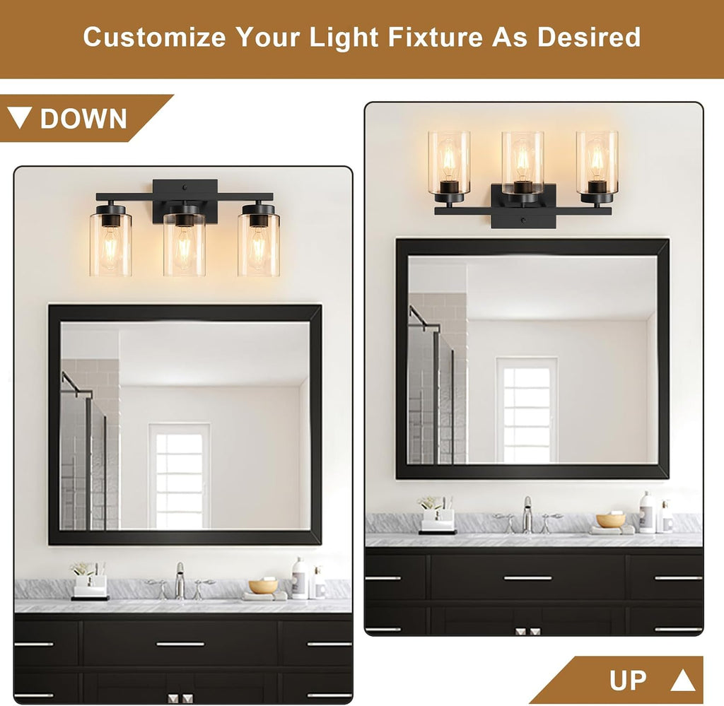 Modern Bathroom Light Fixtures, 3 Light Black Vanity Lights, Bathroom Lighting Fixtures Over Mirror with Clear Glass