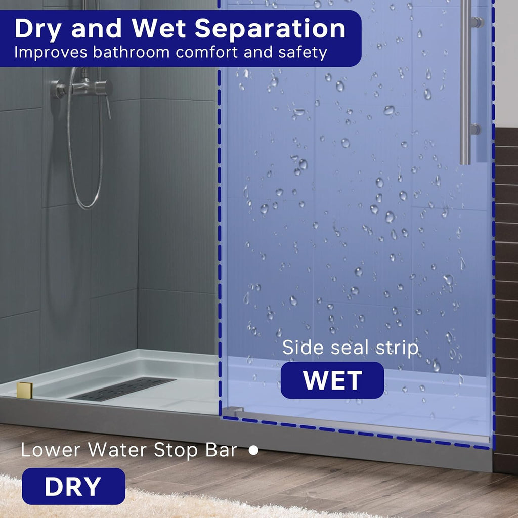 Frameless Sliding Shower Door, 44"-48" Width, 76" Height, 3/8" (10 mm) Clear Tempered Glass, Brushed Gold Finish