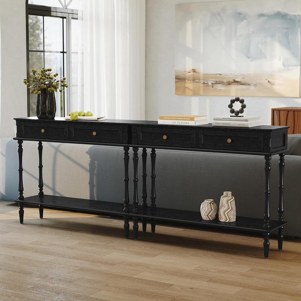 Console Table with 2 Drawers-Minimal Assembly,Black Retro Entryway Table with Storage Cabinets and Open Shelf,Narrow