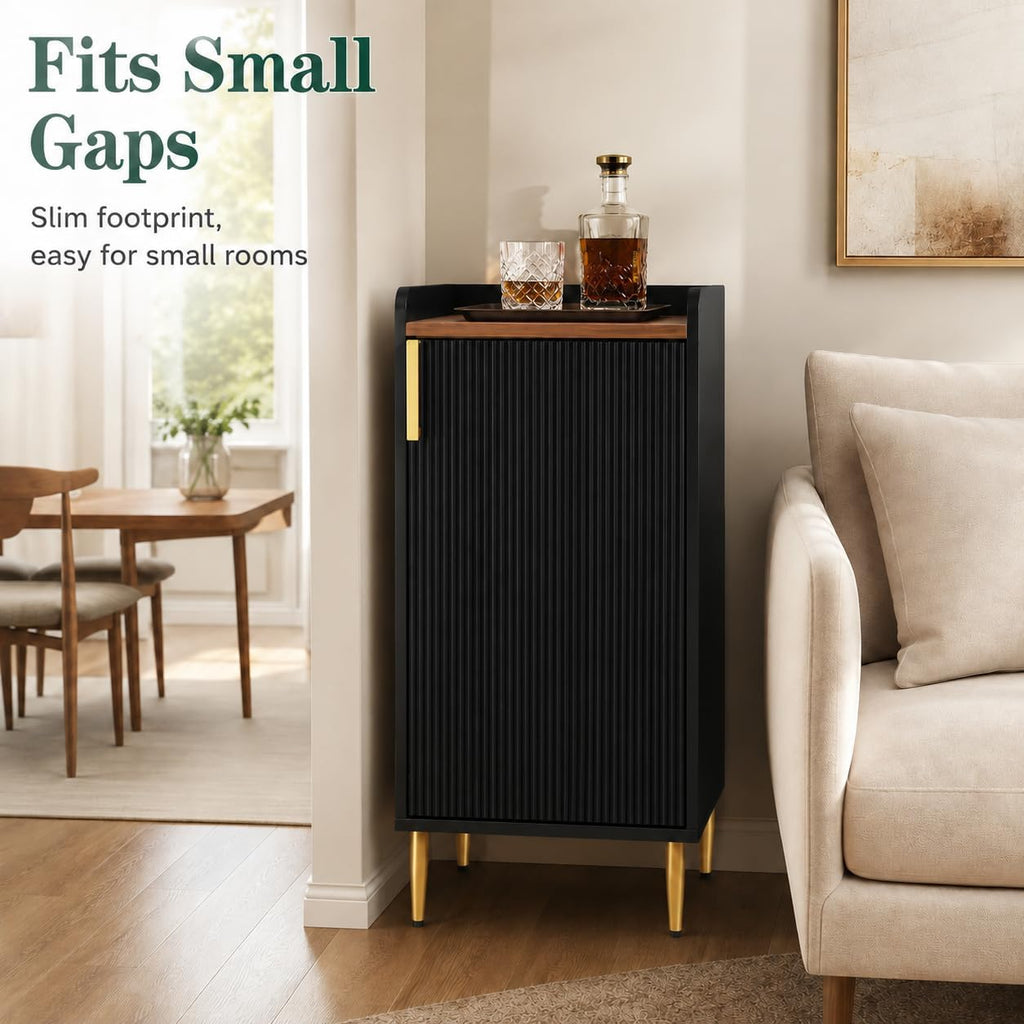 Mini Bar Cabinet, Fluted Wine Bar Cart with Wine Racks & Wine Glass Holder, Modern Corner Liquor Cabinet(Black)