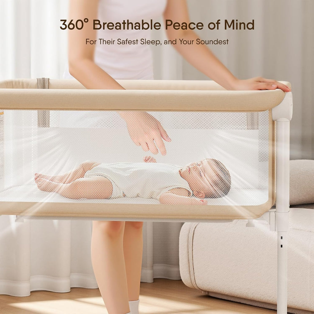 Bassinet Bedside Sleeper, All-Mesh, 5 Heights, Locking Wheels(Beige) | Washable mattress, oversized locking wheels
