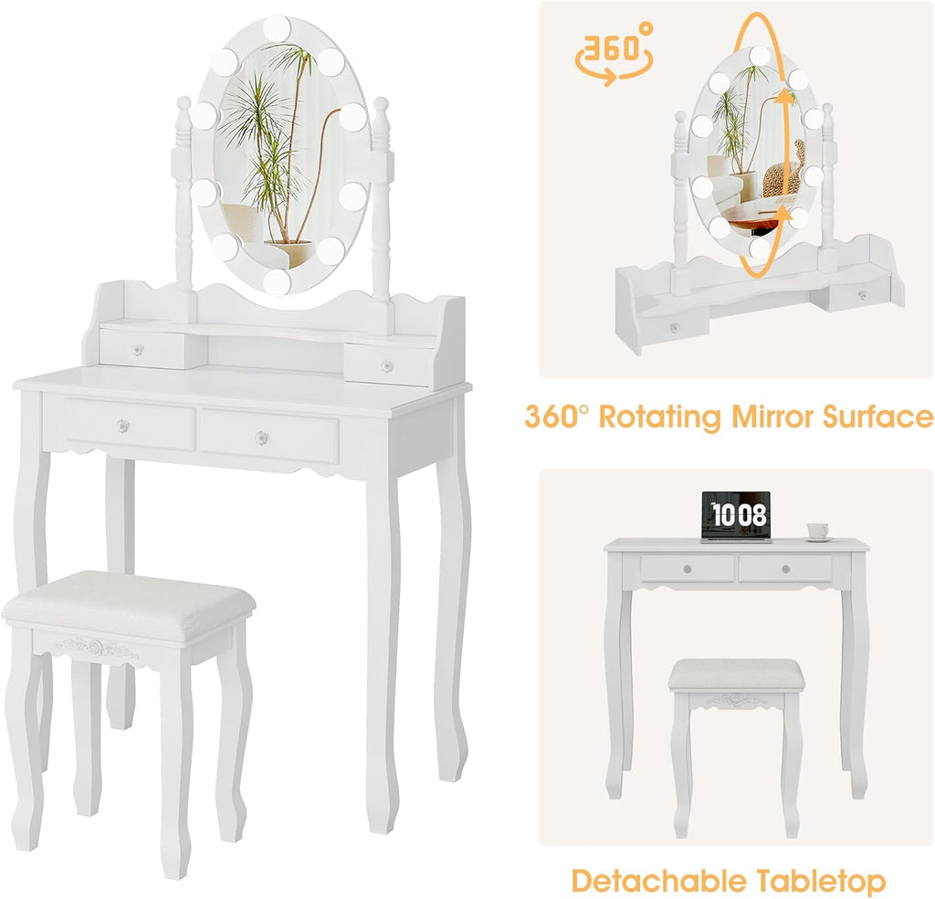 Girls Makeup Vanity Set with 360° Rotating Lighted Mirror | Dressing Table Desk with Dimmable LED Hollywood Lights, 4
