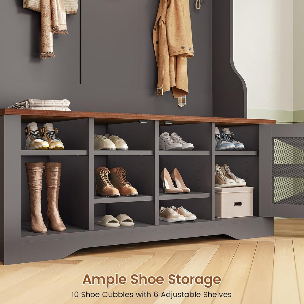 Hall Tree with Bench and Shoe Storage, 5-in-1 Entryway Bench with Coat Rack, 10 Shoe Cubbies & 9 Coat Hooks, Barn