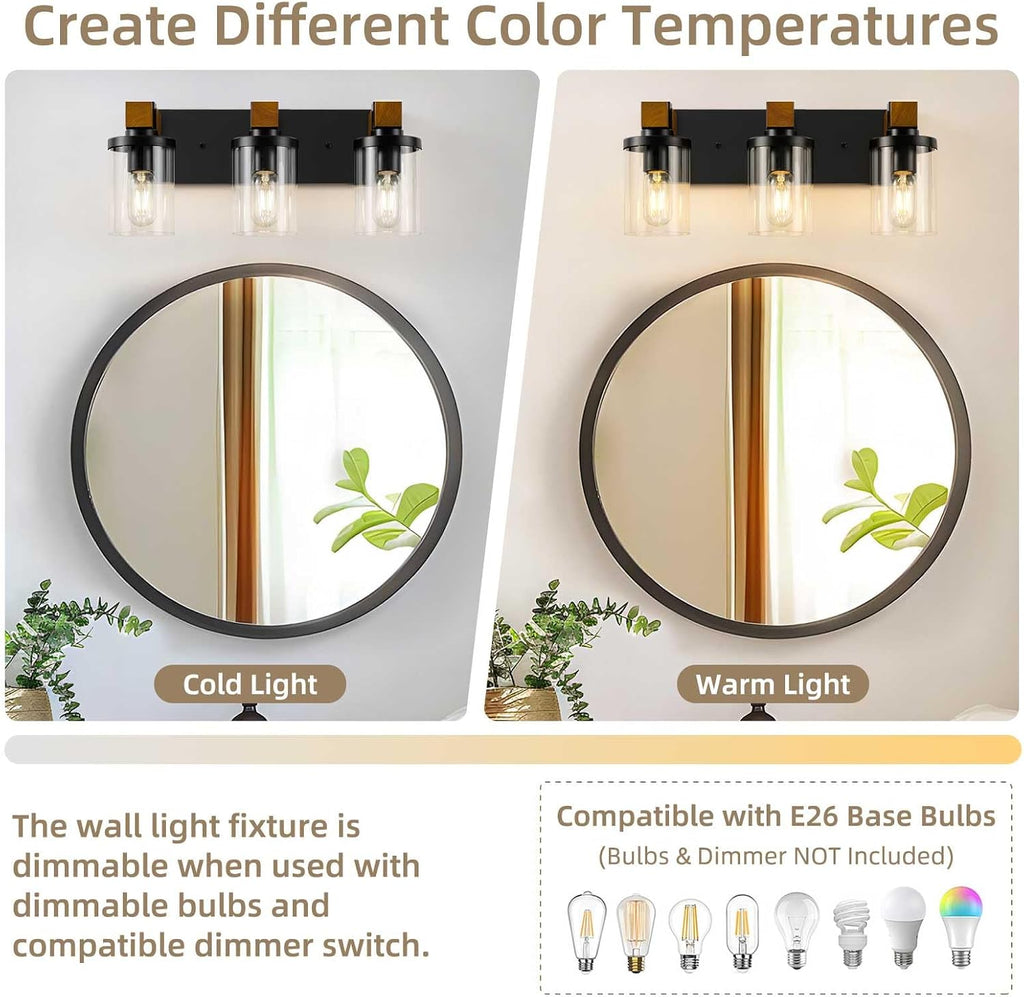 3-Light Farmhouse Bathroom Light Fixtures, Black Bathroom Vanity Light Fixtures Over Mirror, Rustic Sconces Wall