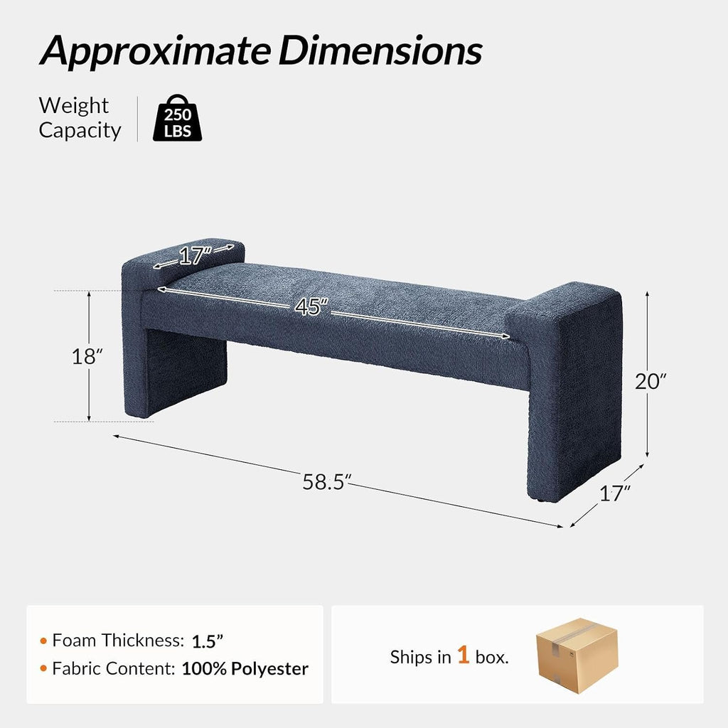 58" Boucle Upholstered Bedroom Bench with Arm Tray, Slate-Blue | End of Bed Bench with Wood Legs, Fabric Entryway