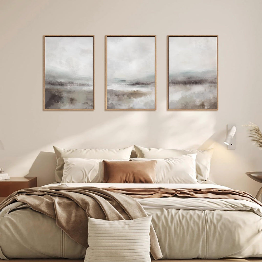 Large Abstract Neutral 3 Piece Wall Art Framed, Gray Lake Landscape Canvas Decor(16x24), Watercolor Smoky Mountain - Set of 16