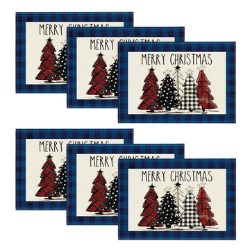 Blue Waterclor Buffalo Plaid Christmas Trees Placemats Set of 6, 12x18 Inch Winter Table Mats for Outdoor Home Party