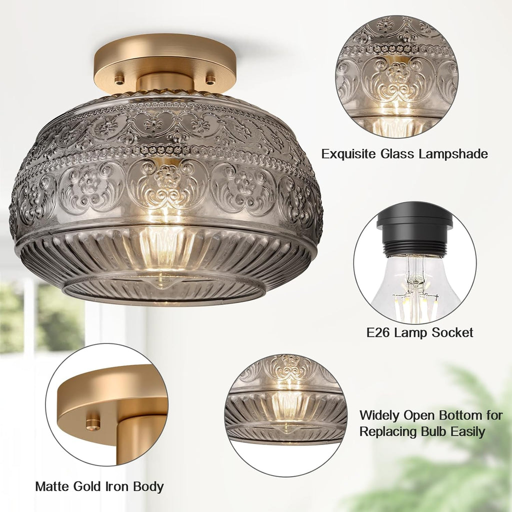 Semi Flush Mount Ceiling Light Fixture, 11" Vintage Gold Hallway Lights Fixture Ceiling with Grey Glass and Entry