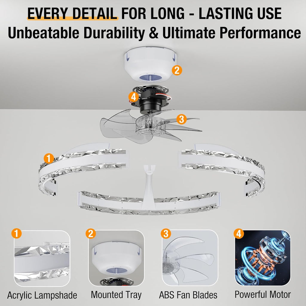 Ceiling Fans with Lights and Remote, 20'' Low Profile Flush Mount Ceiling Fan with 6 Speeds & 3 Color Temperature, 3000-6500K Dimmable Led Fandelier for Bedroom Livingroom, White
