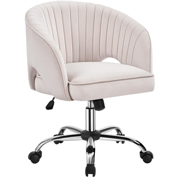 Cream Velvet Makeup Vanity Desk Chair, Channel-Tufted Swivel Seat