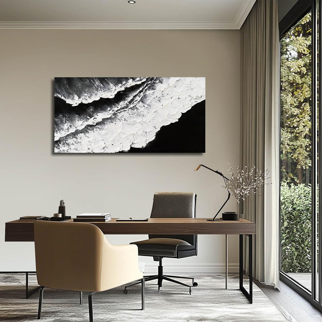 Black and White Wall Decor Sea Canvas Painting Neutral Abstract Wall Picture 24"x48" Artwork Large Wall Art Dining Room