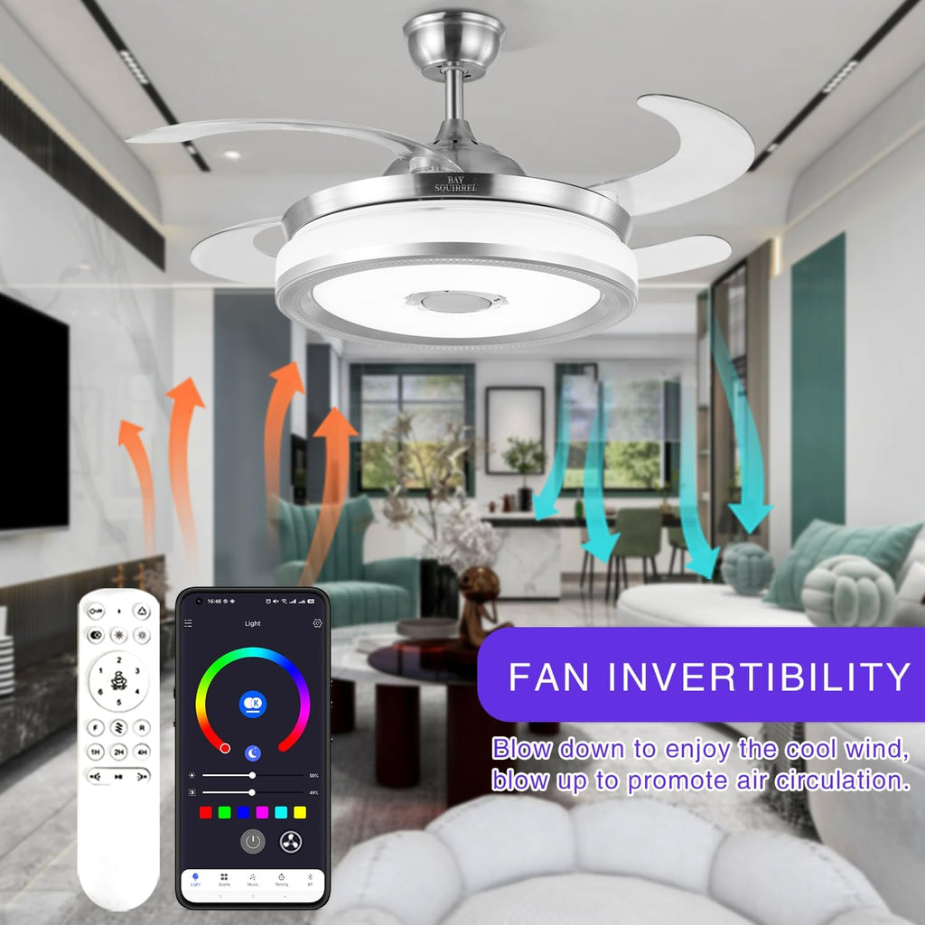 Retractable Bluetooth Ceiling Fan with Light and Speaker, Flush Mount Ceiling Fans