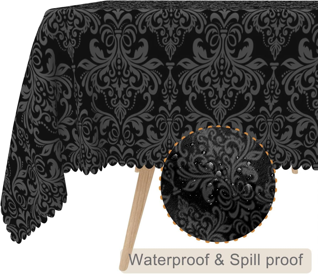 60x102inches Black Print Rectangle Tablecloth Damask Pattern Polyester Table Cloth Waterproof Wrinkl