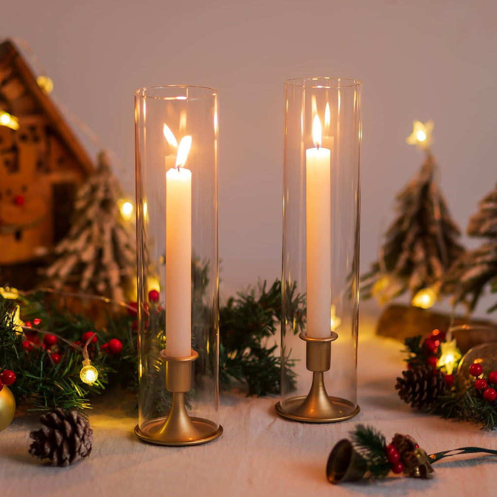 Hurricane Candlestick Holders Gold - 10 Pcs Taper Candle Holders Bulk Tall Clear Glass Cylinder for Wedding Table