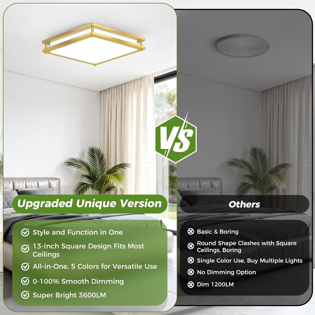 13 Inch Gold Square LED Ceiling Lights Kitchen Bathroom, 36W Super Bright 3200LM Modern Flush Mount Light Fixture