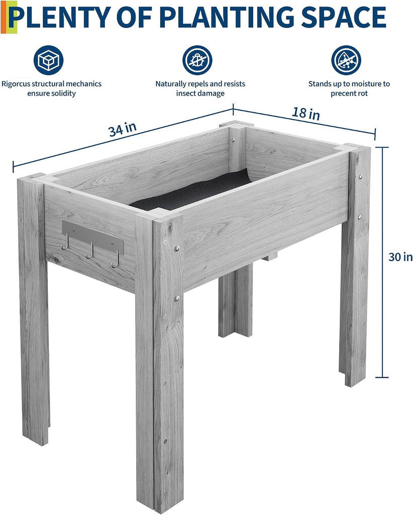 34"x18"x30" Raised Elevated Wooden Garden Planter Box | Reinforced Frame Built-in Hooks Drainage Holes & Matching